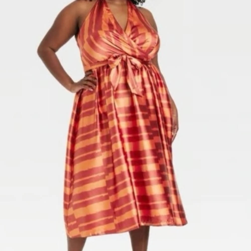 House Of Aama 2XPlus  Halter Midi Dress Orange Stripe, Waist Tie, Satiny Flowy